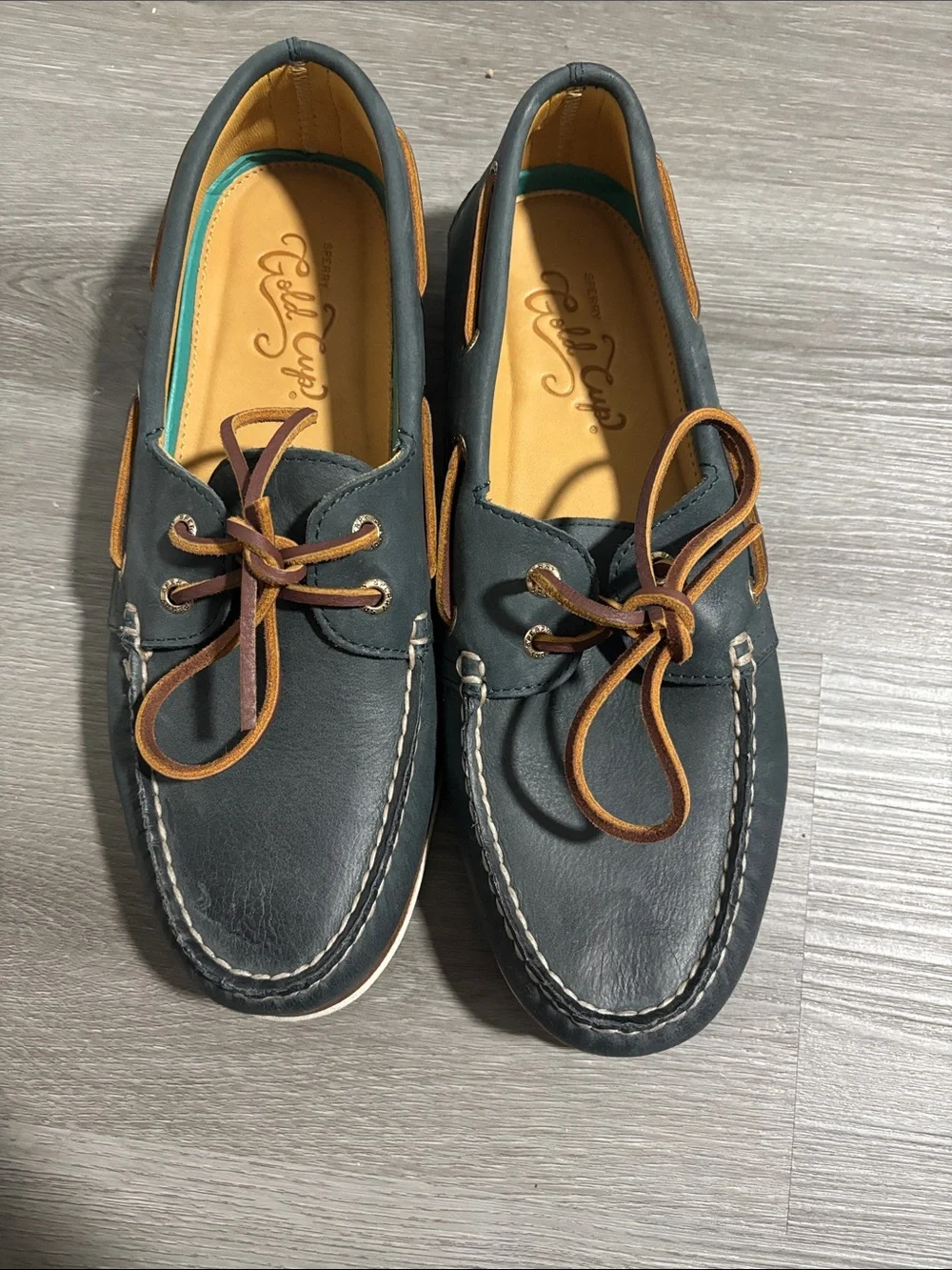 Sperry Navy Leather Boat Shoes with Tan Laces